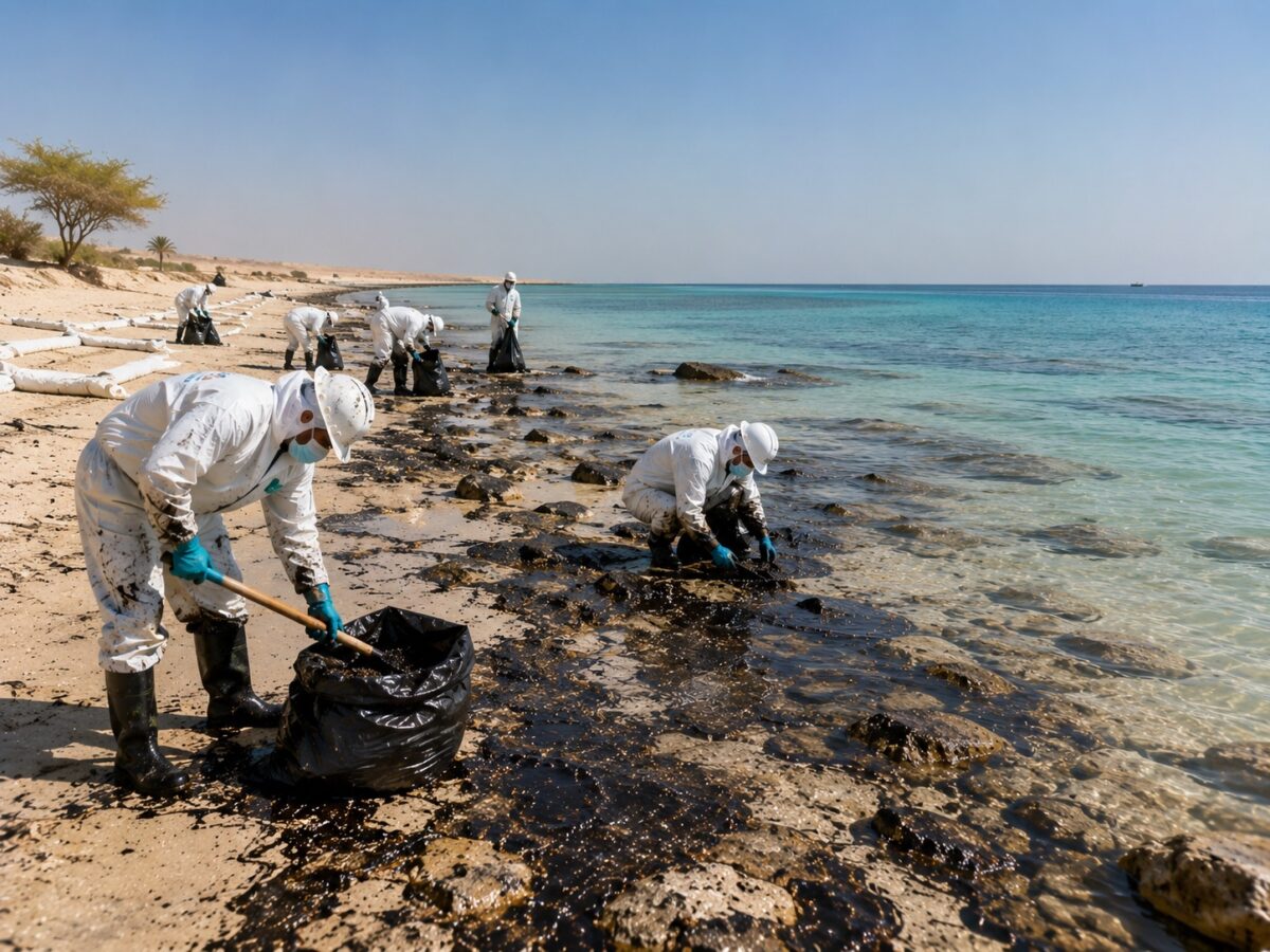 Response crew in protective suits collecting spilled oil from a coastal shoreline