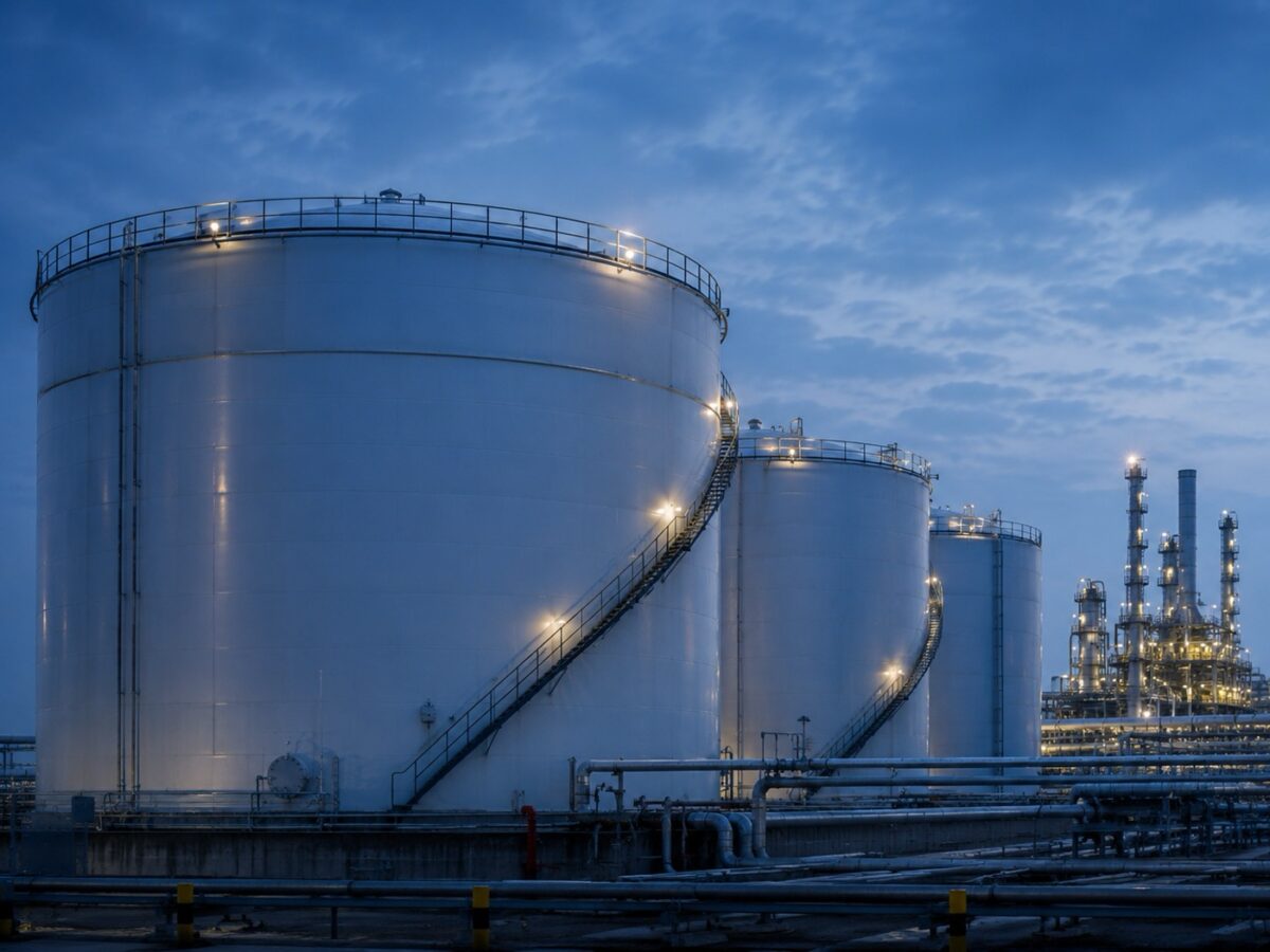 Industrial storage tanks at a refinery terminal