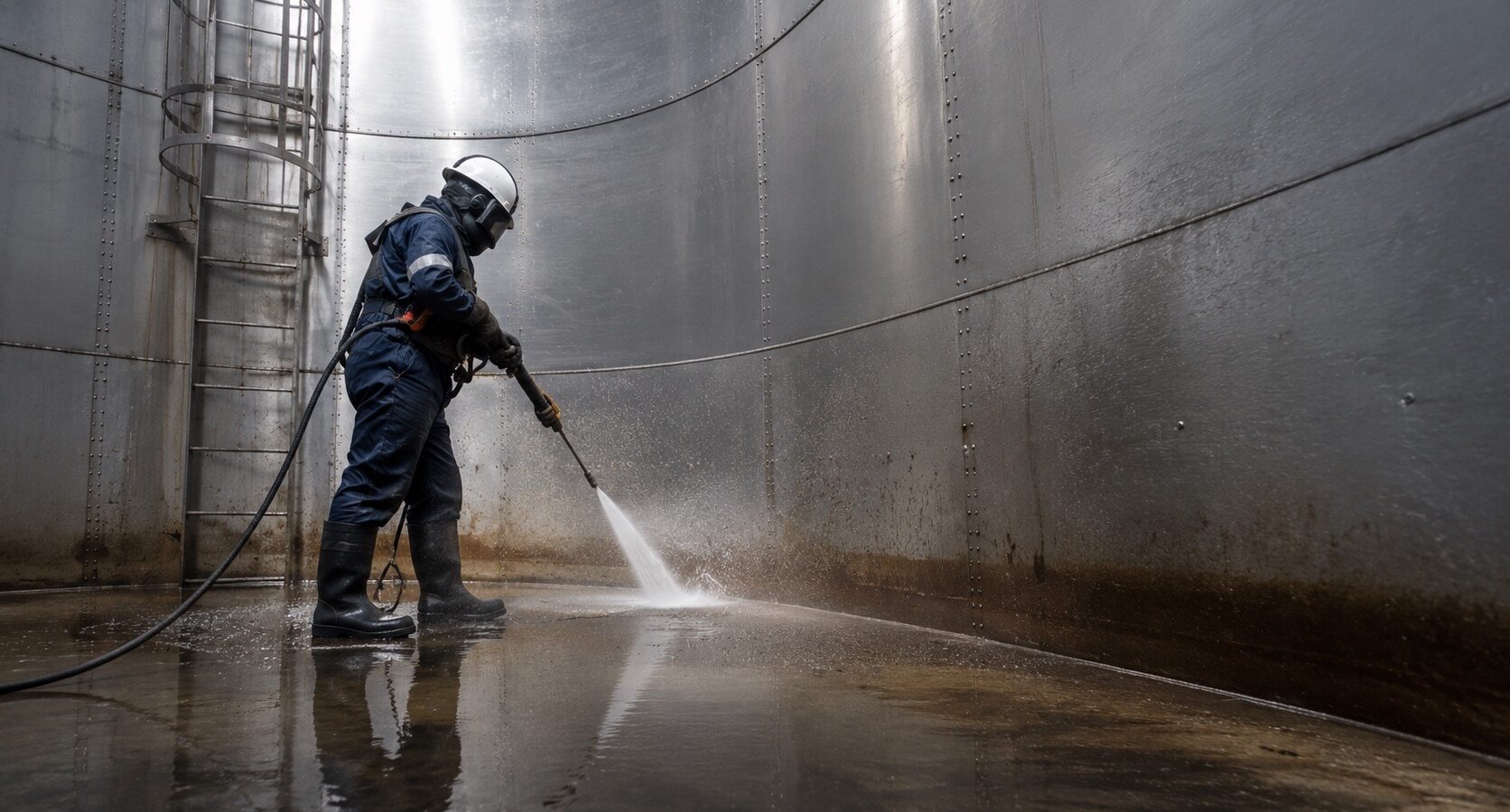 High-pressure washing inside a storage tank
