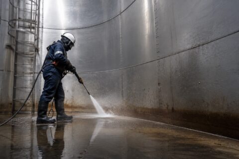 High-pressure washing inside a storage tank