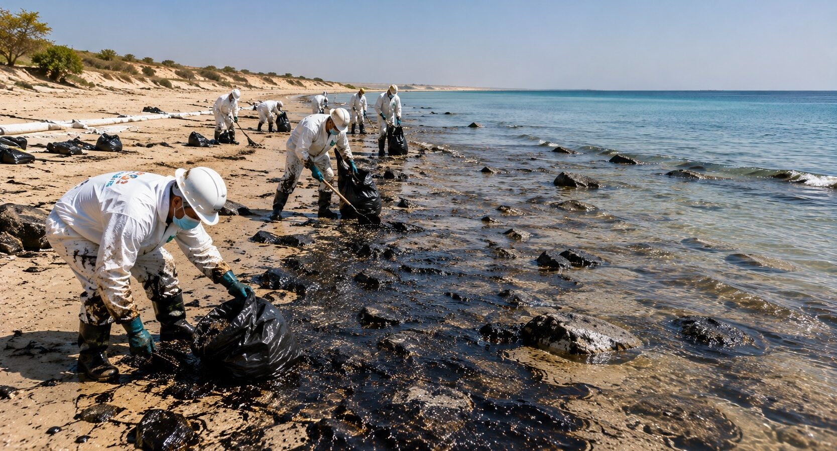 Oil spill response team bagging recovered oil during a shoreline cleanup