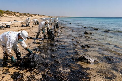 Oil spill response team bagging recovered oil during a shoreline cleanup