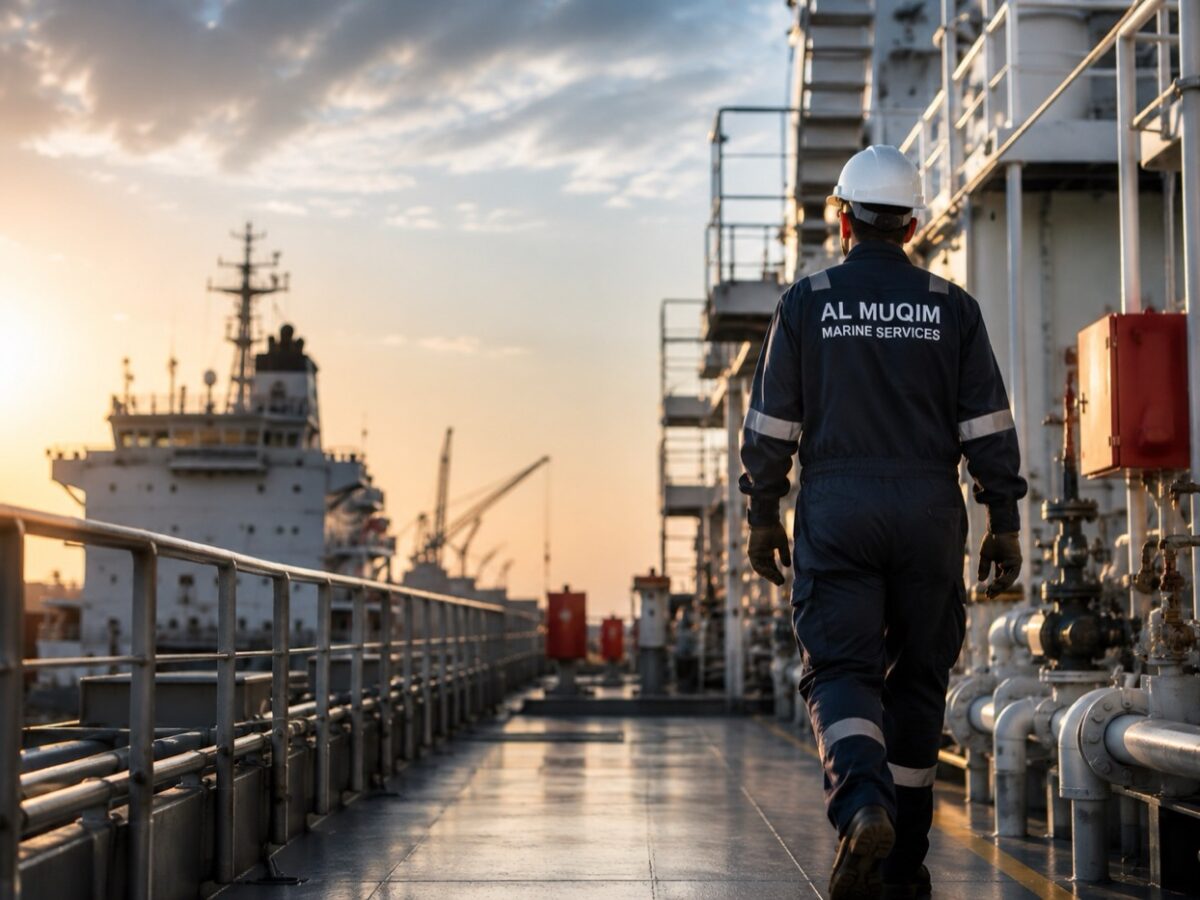 Al Muqim Marine Services technician walking a tanker deck at sunrise