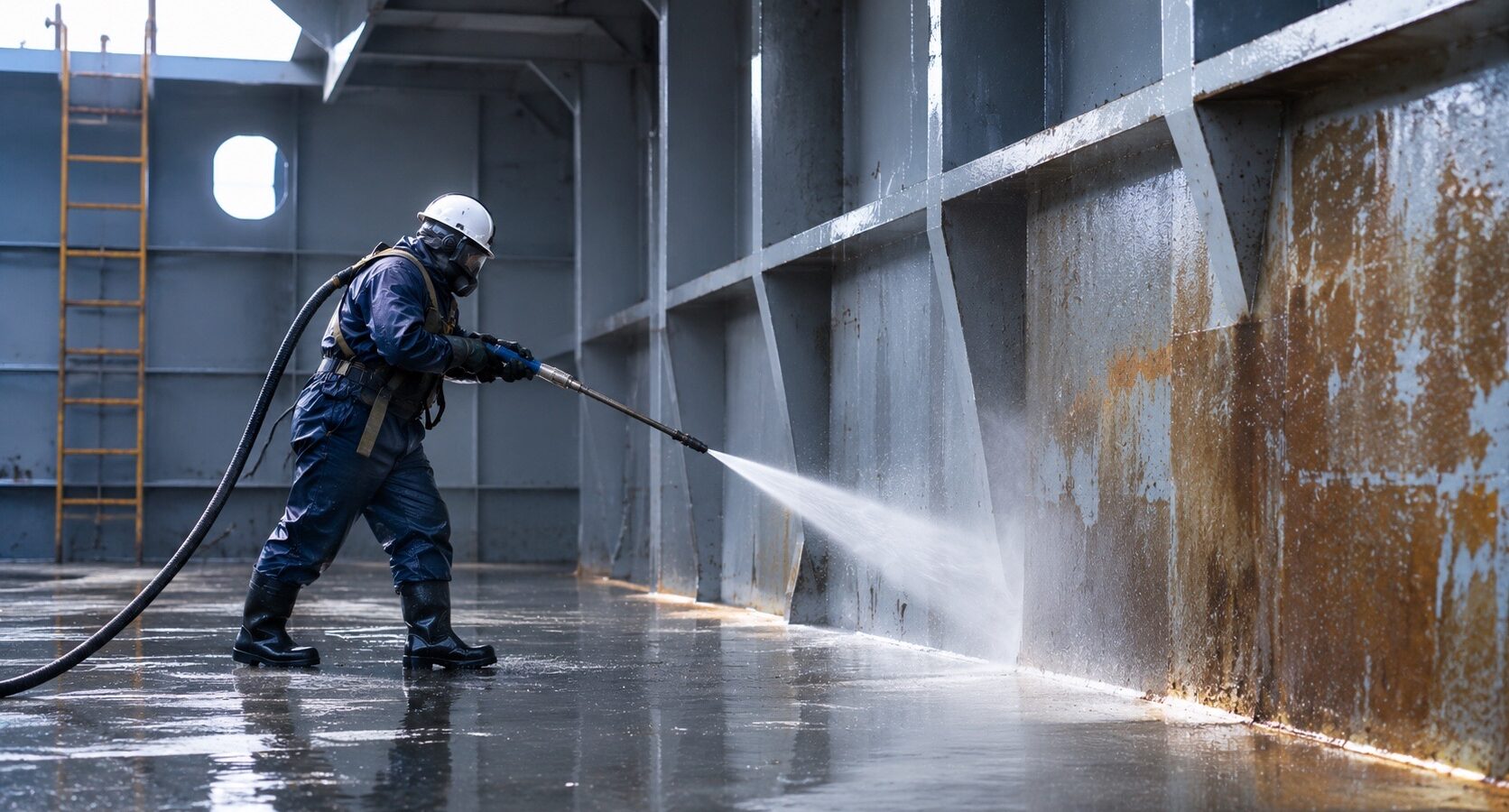 Trained marine crew on assignment — vessel tank washdown