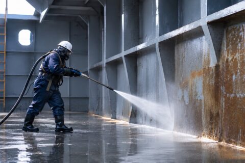 Trained marine crew on assignment — vessel tank washdown
